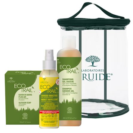 Druide EcoTrail Outdoor Kit - insect repellent spray, shampoo shower gel and eucalyptus bar soap with transparent travel bag - Body