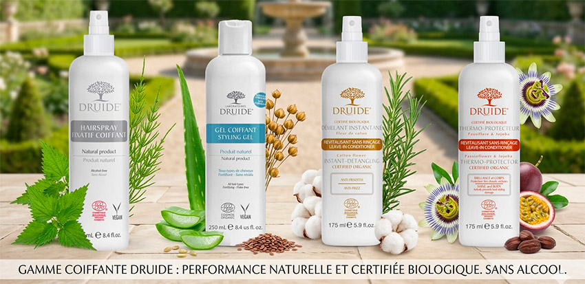 Gamme coiffante sans alcool Druide : gel coiffant, spray fixatif, démêlant et thermo-protecteur certifiés biologiques